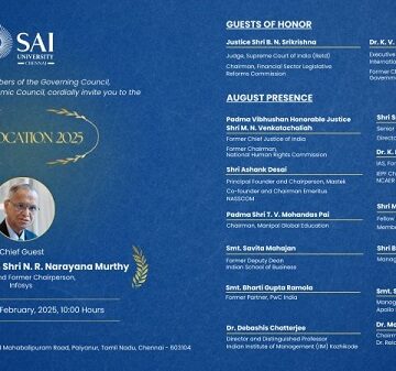 Sai University is hosting Convocation 2025, featuring Shri N. R. Narayana Murthy as the Chief Guest alongside esteemed Board Members